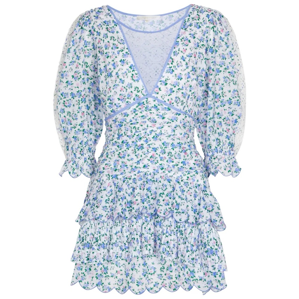 LoveShackFancy Floral Mini Dress in Blue and White